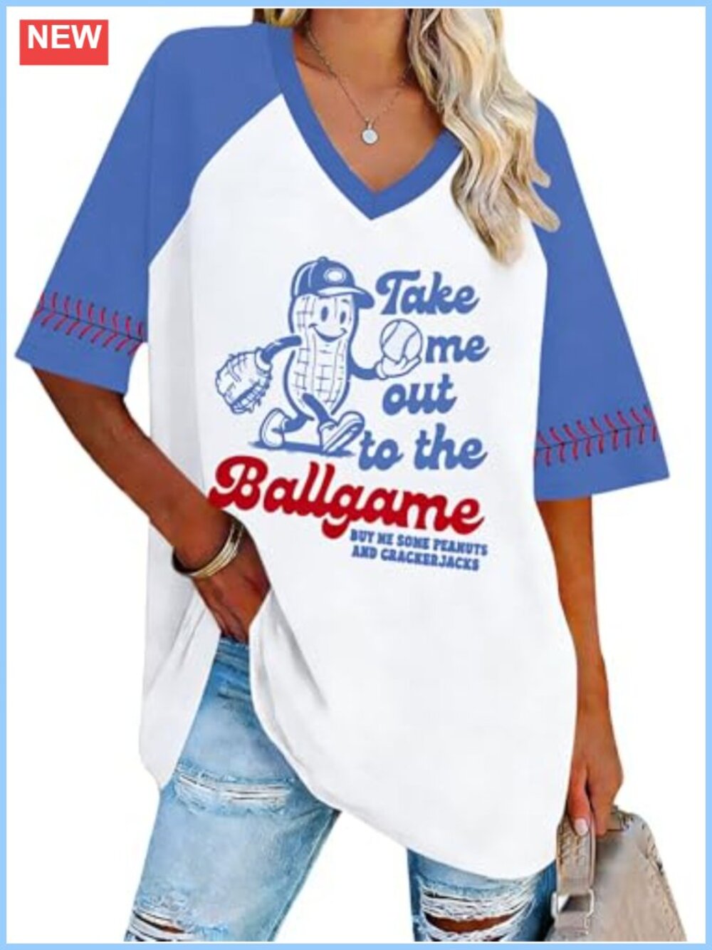 Women's Oversized Baseball V-Neck T-Shirt Cotton Blend Casual Short Sleeve